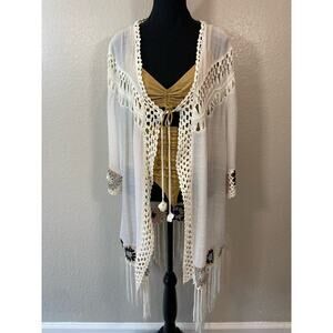 BATHING SUIT COVER-UP Embroidered Details & Fringe Women's Sz L White Boho Beach